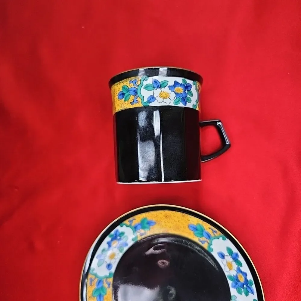 Black Coffee Cup & Saucer Tea Set Of 6 Yellow Blue Flowers